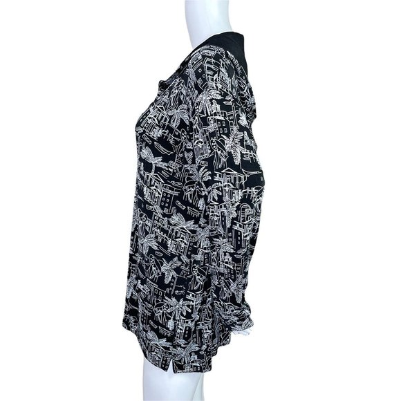 Chico's Travelers Black White Tropical Button Up Hoodie Cardigan Jacket 2 Large - Picture 3 of 7